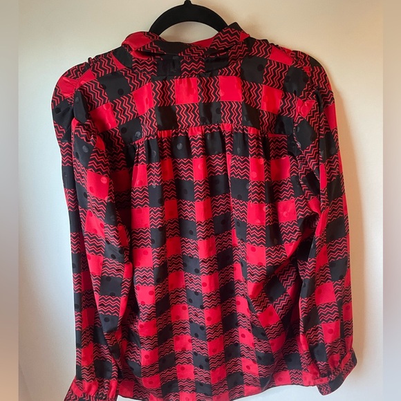St. John Red Black Buffalo Plaid Polka Dot Tie Bow Button Up Blouse Women’s 12 J - Picture 7 of 7